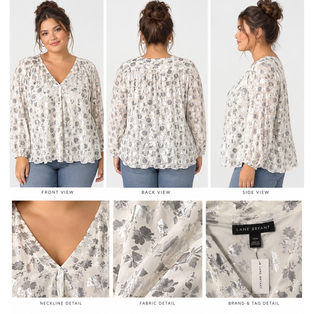 Lane Bryant Silver Metallic Floral Foil V-Neck Blouse White Plus Size 22 NWT